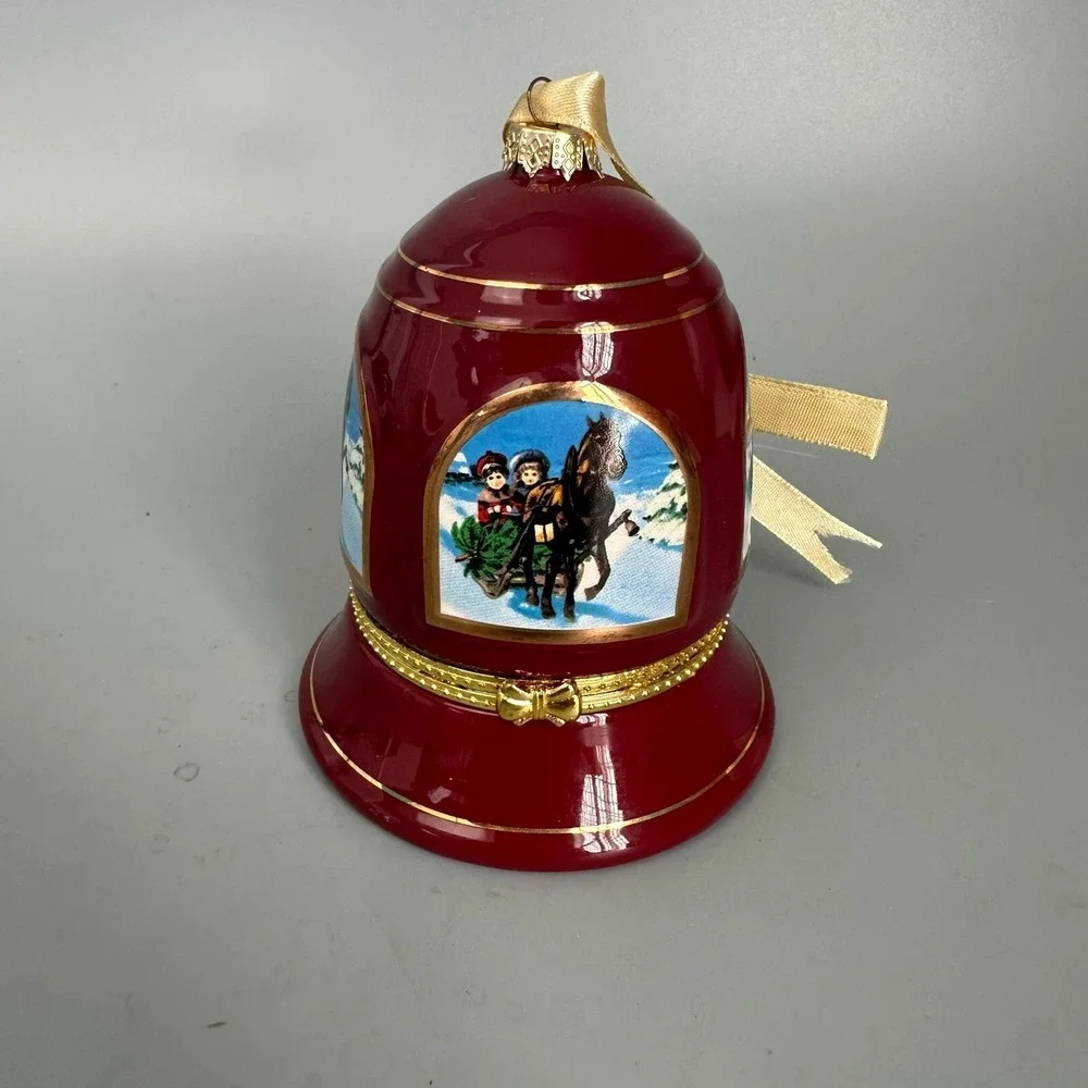 Vintage Porcelain Musical Bell Ornament Hinged Trinket Box Burgundy Gold‎ Sleigh